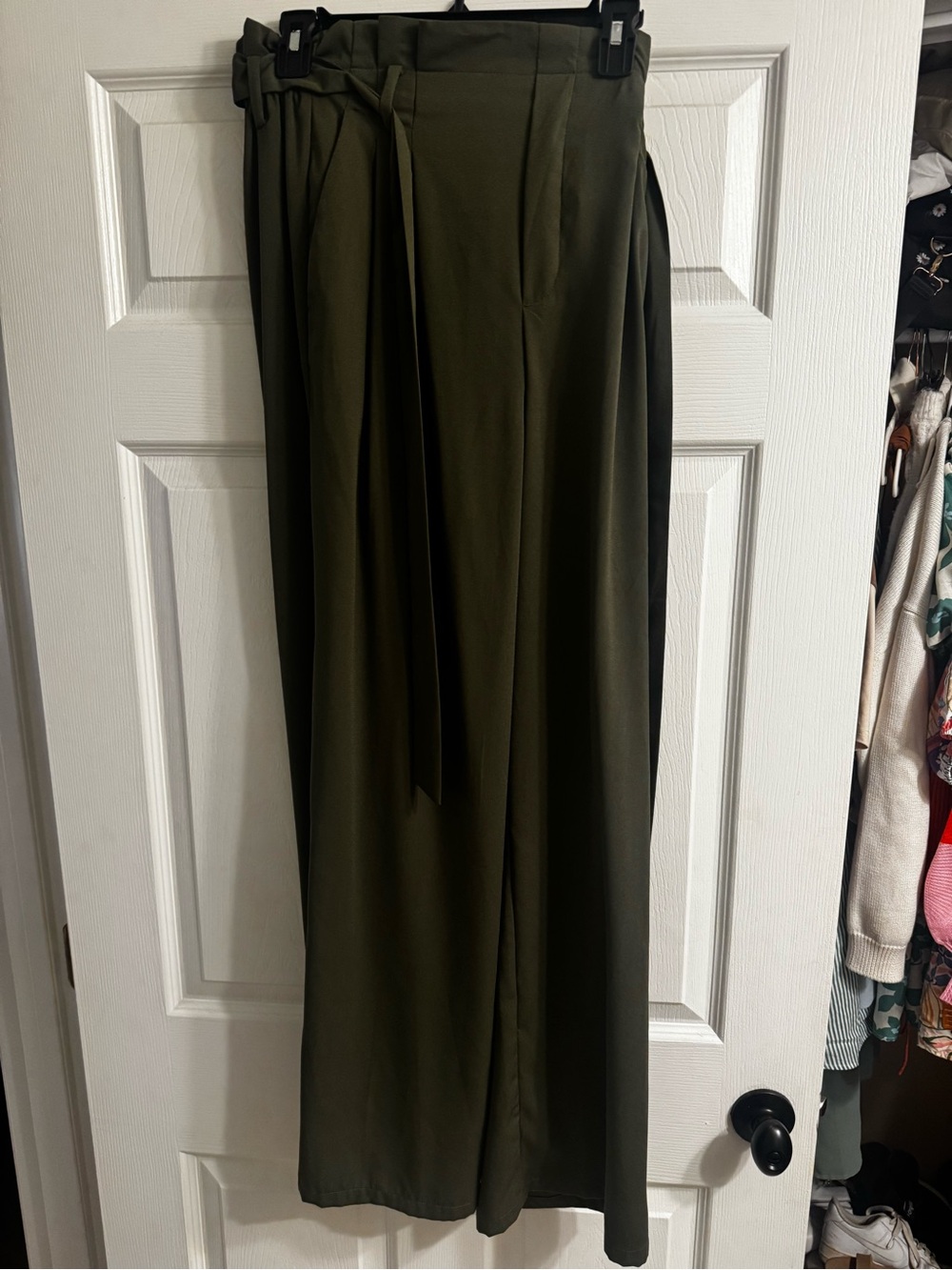 Olive Green High-Waist Tie-Waist Wide-Leg Pants